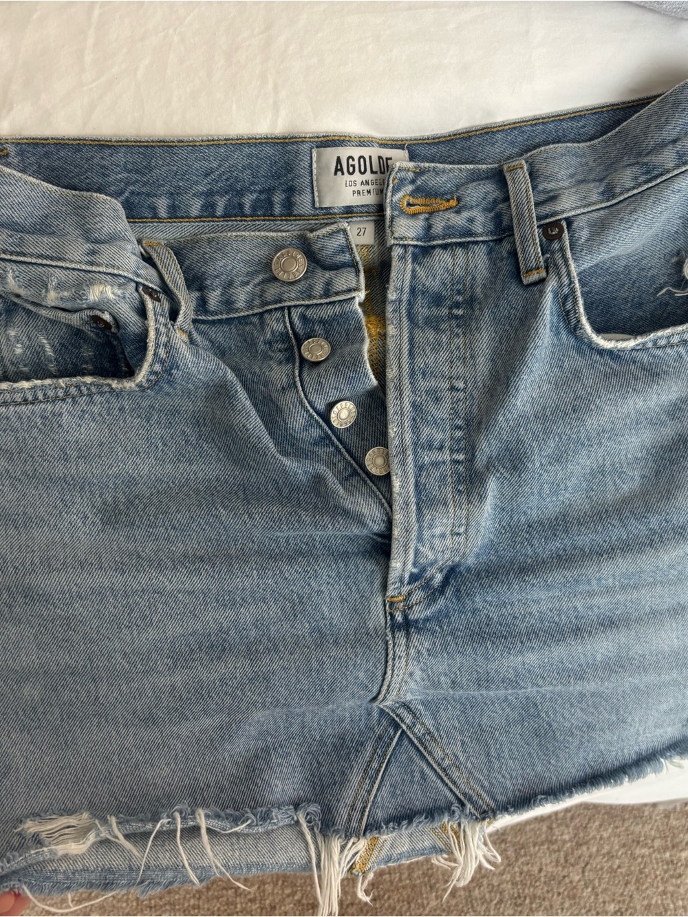 AGOLDE Light Wash Denim Skirt with Distressed Hem 27